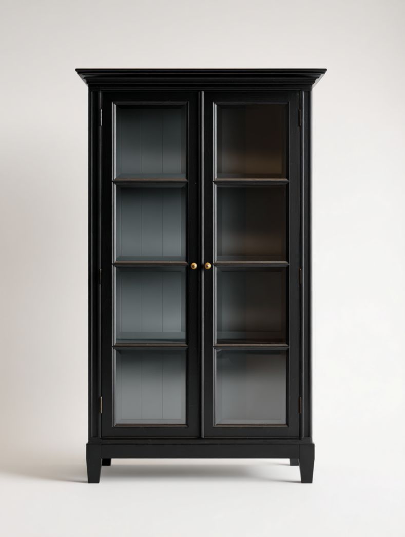Vitrine noire en bois avec portes vitrées et poignées dorées