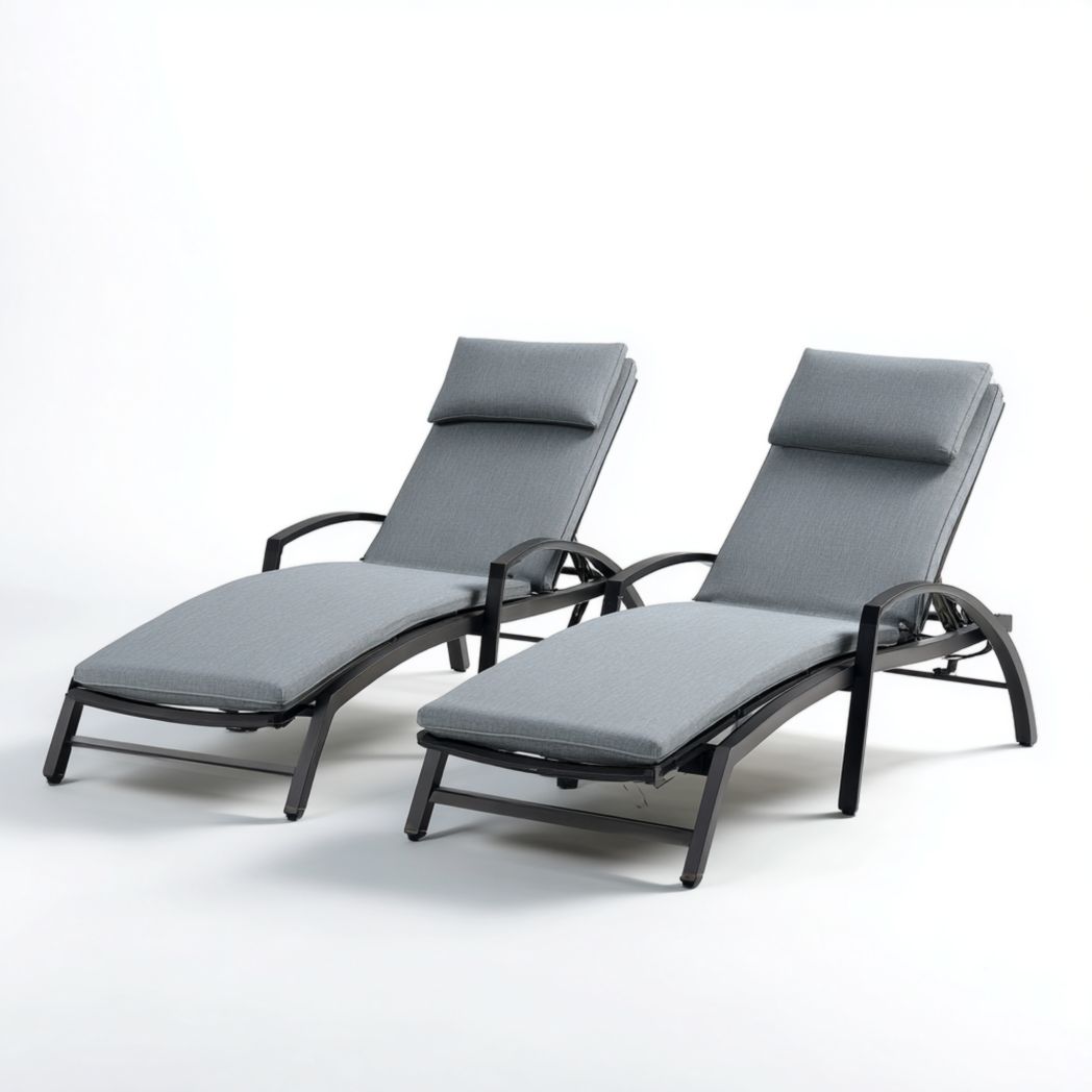 Lot de 2 bains de soleil réglables avec coussins gris et structure en aluminium noir