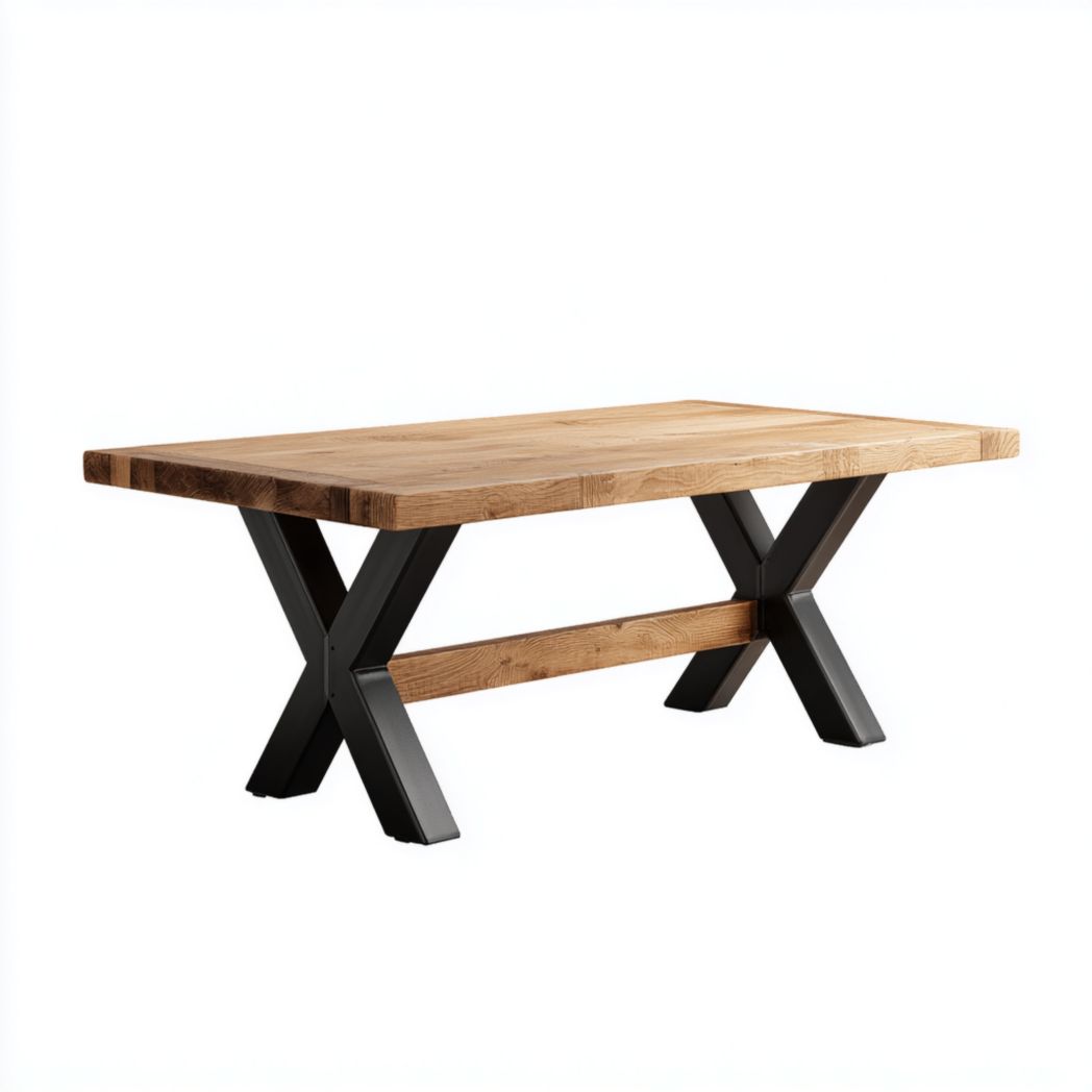 Table à manger rectangulaire en bois massif avec pieds en métal noir croisés
