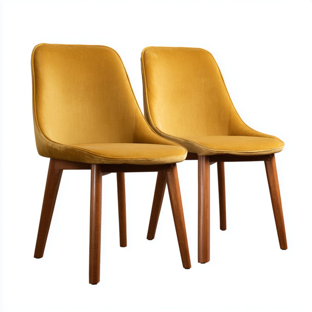 Lot de 2 chaises en velours jaune avec pieds en bois brun