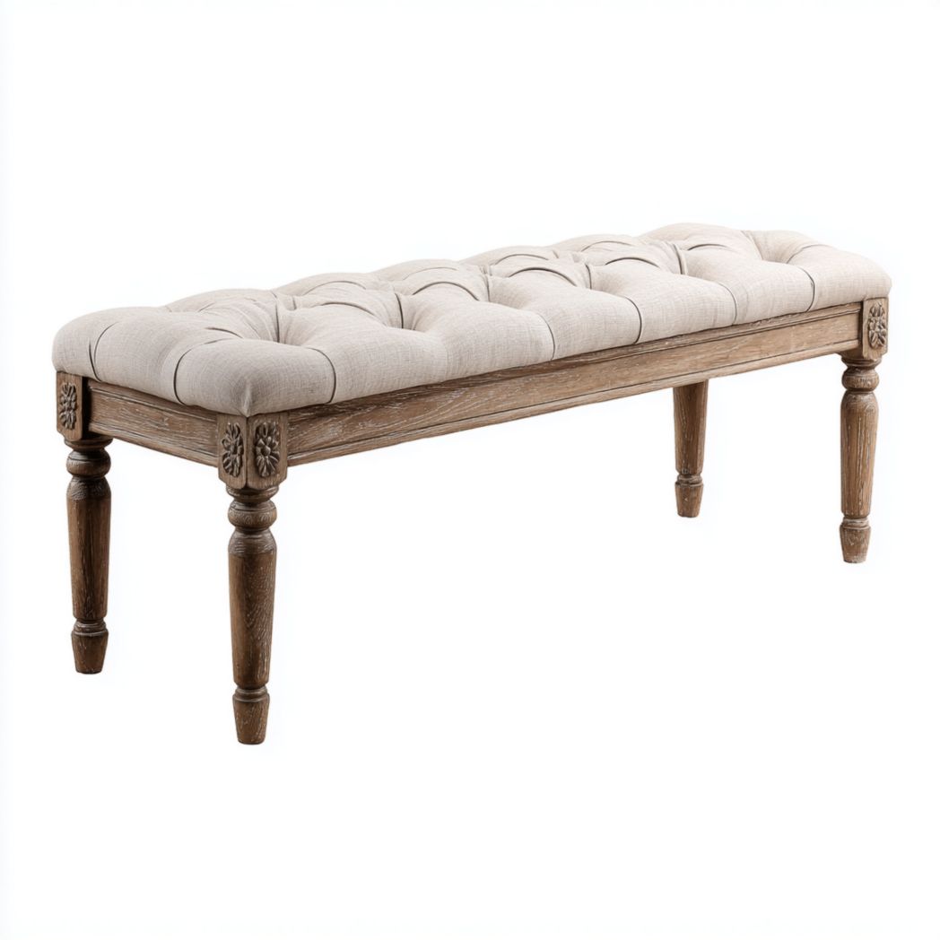 Banc avec assise beige et pieds couleur brun clair