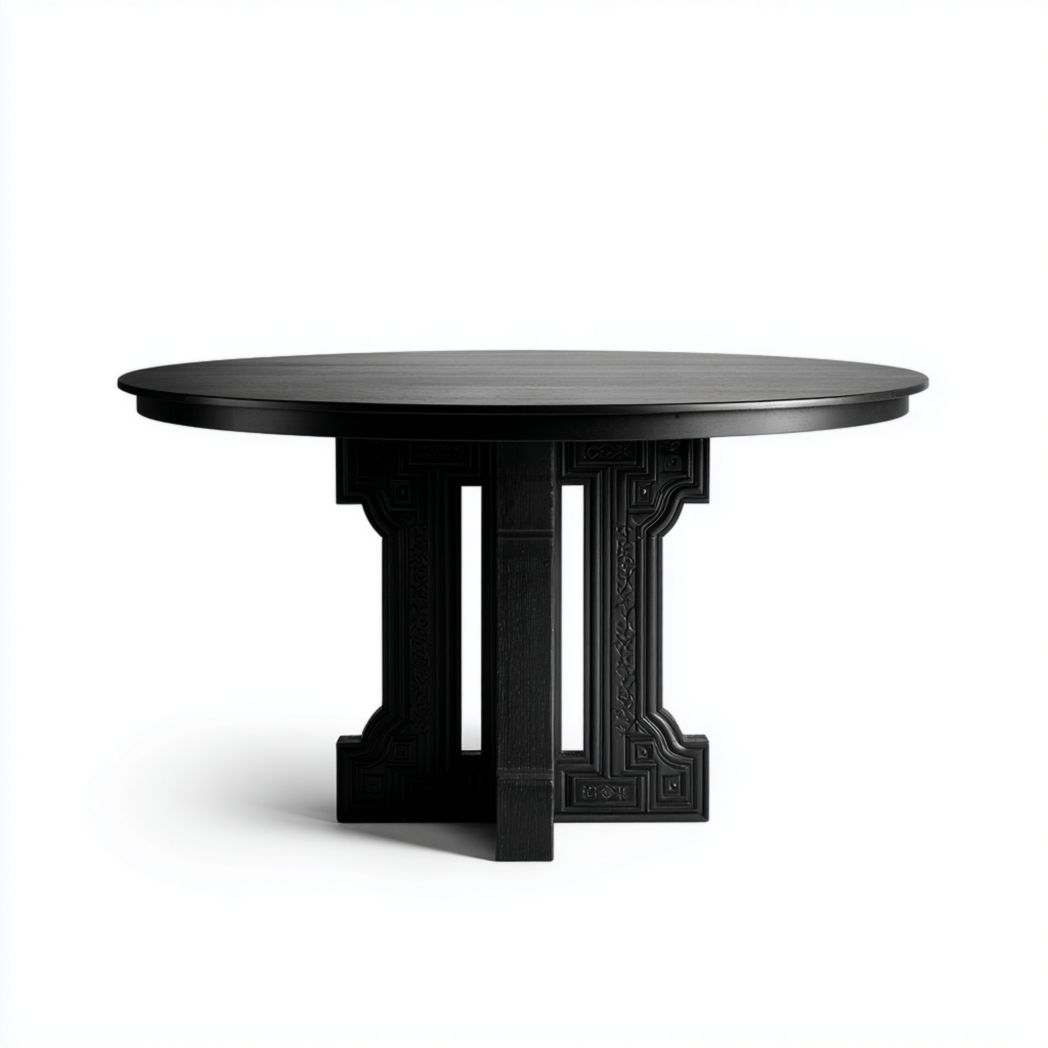Table à manger ronde noire avec base sculptée en bois massif