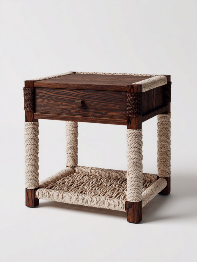 Table de chevet en bois massif et corde avec tiroirs et étagère inférieure