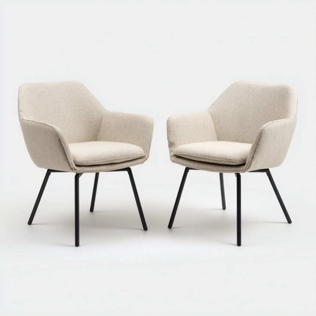 Lot de 2 chaises avec accoudoirs en tissu beige et pieds métalliques noirs