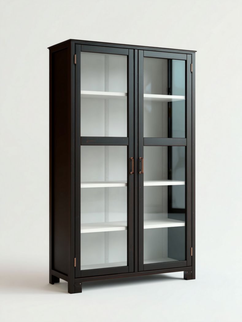 Vitrine en bois noir avec portes vitrées et étagères blanches