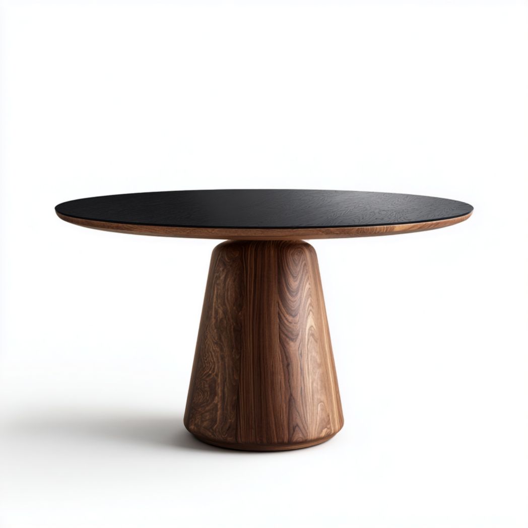 Table à manger ronde avec plateau noir et base marron clair