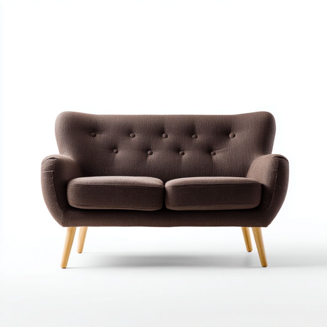 Canapé deux places en tissu marron foncé avec pieds marron clair