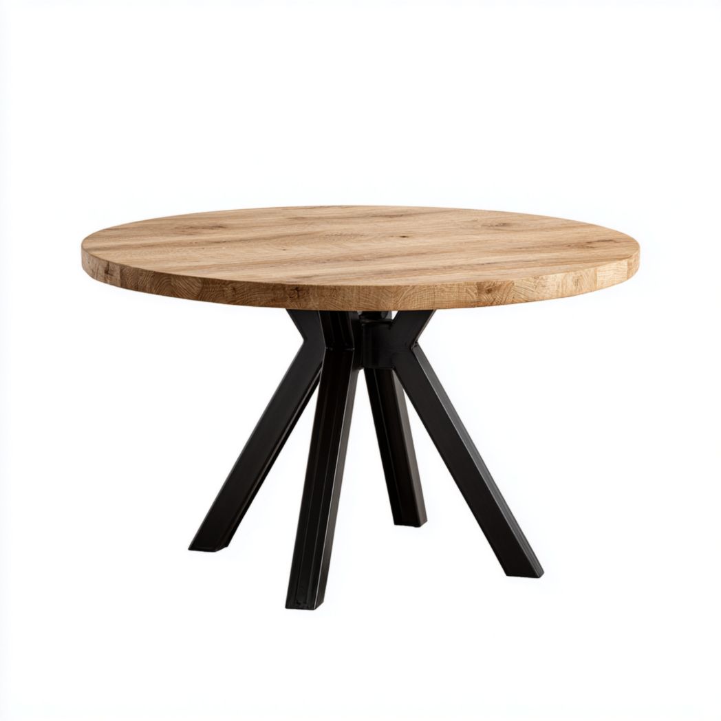 Table à manger ronde couleur marron clair avec base noire en métal