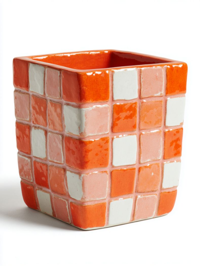 Cache-pot carré en céramique à motif carreaux orange et blanc