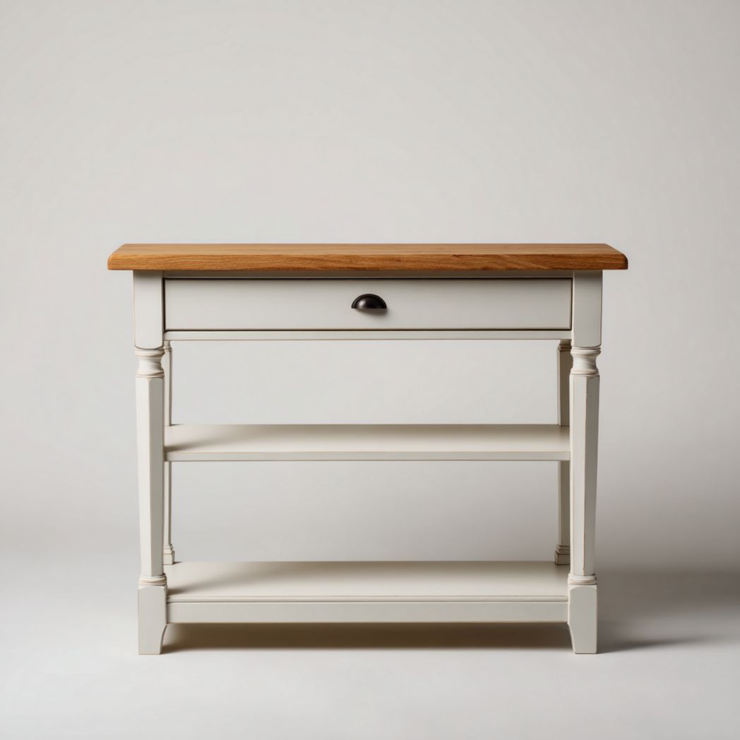 Console en bois blanc avec plateau brun clair et poignée en métal noir