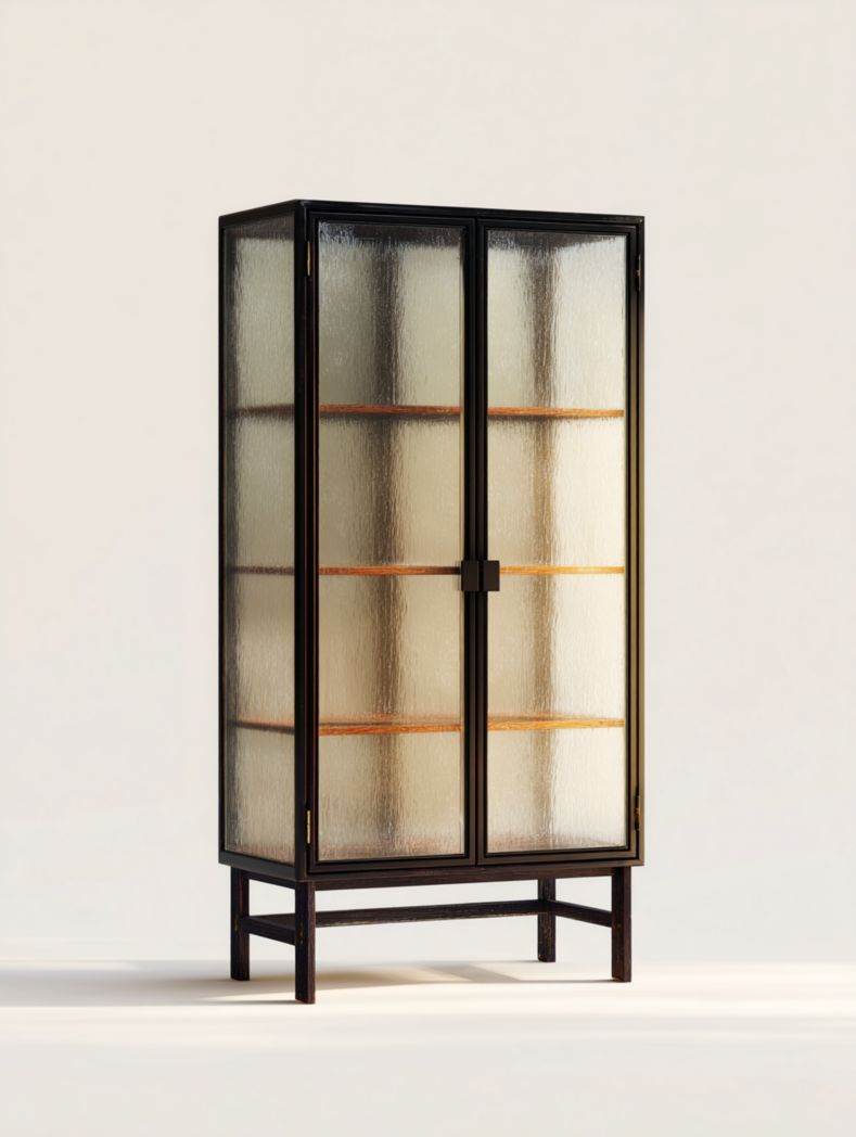 Vitrine noire en métal avec portes en verre dépoli et étagères en bois