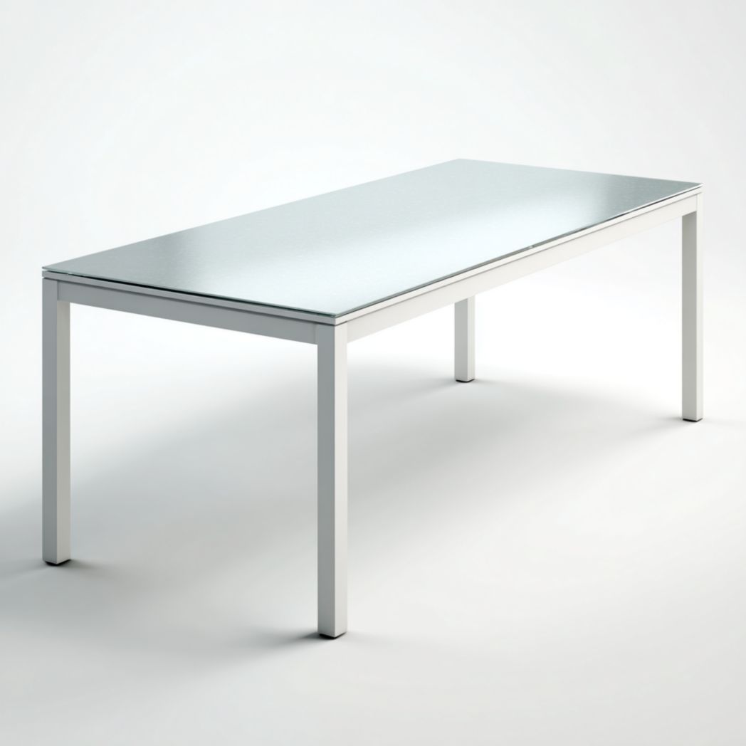 Table de jardin rectangulaire avec plateau en verre et structure blanche