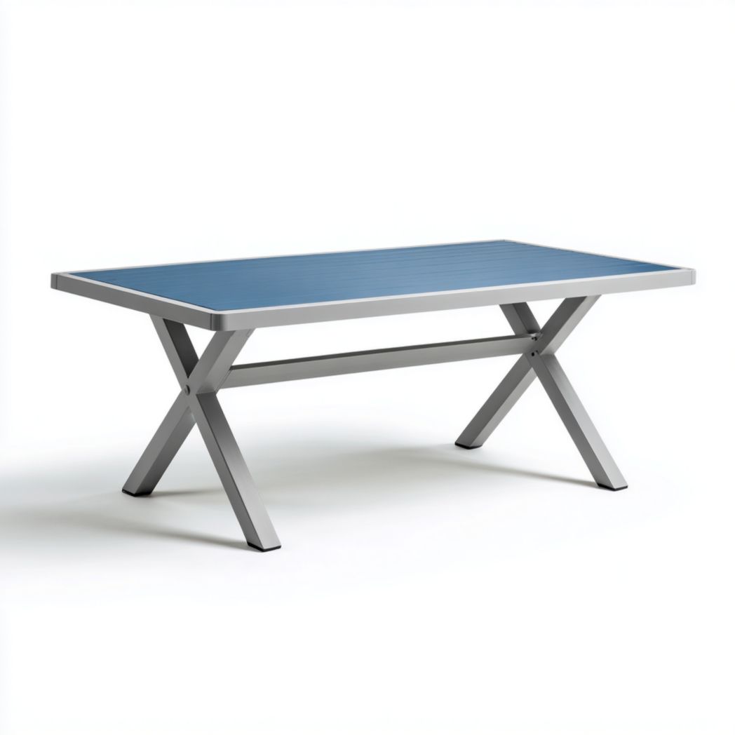 Table de jardin rectangulaire avec plateau bleu et structure gris argenté