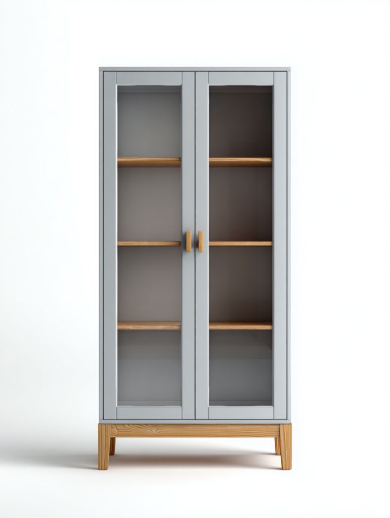 Vitrine en bois gris clair avec portes vitrées et poignées en bois clair