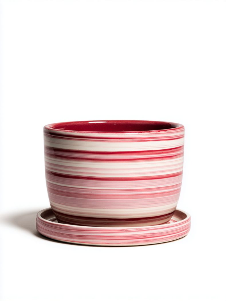 Cache-pot rond en céramique à rayures rouges et blanches avec soucoupe