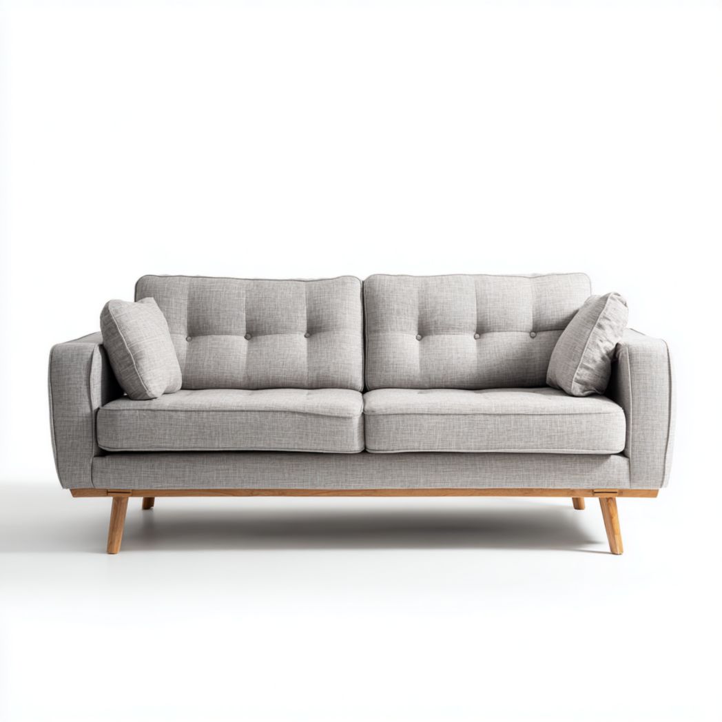 Canapé deux places en tissu gris clair avec deux coussins et pieds en bois
