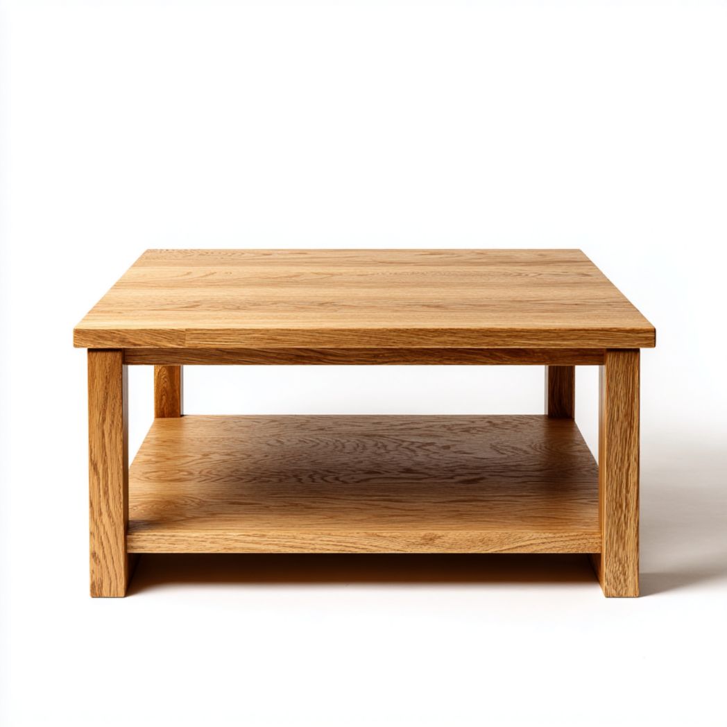 Table basse carrée en bois brun clair avec étagère de rangement