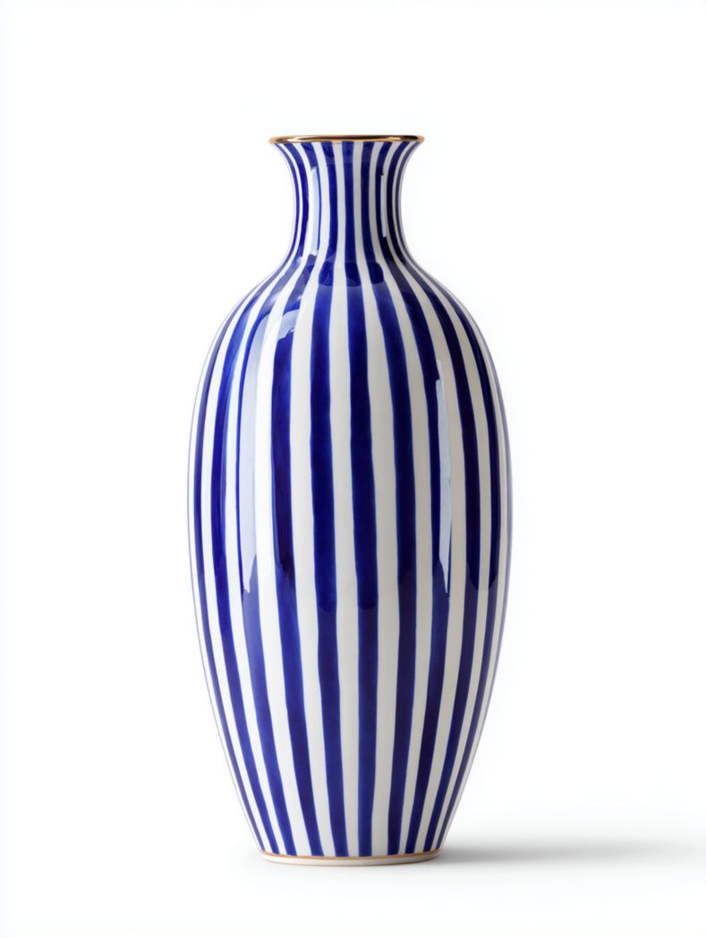Vase en céramique à rayures bleues et blanches
