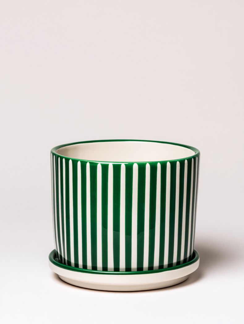 Cache-pot en céramique à rayures vertes et blanches avec soucoupe