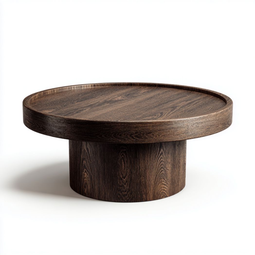Table basse ronde en bois marron foncé avec base cylindrique