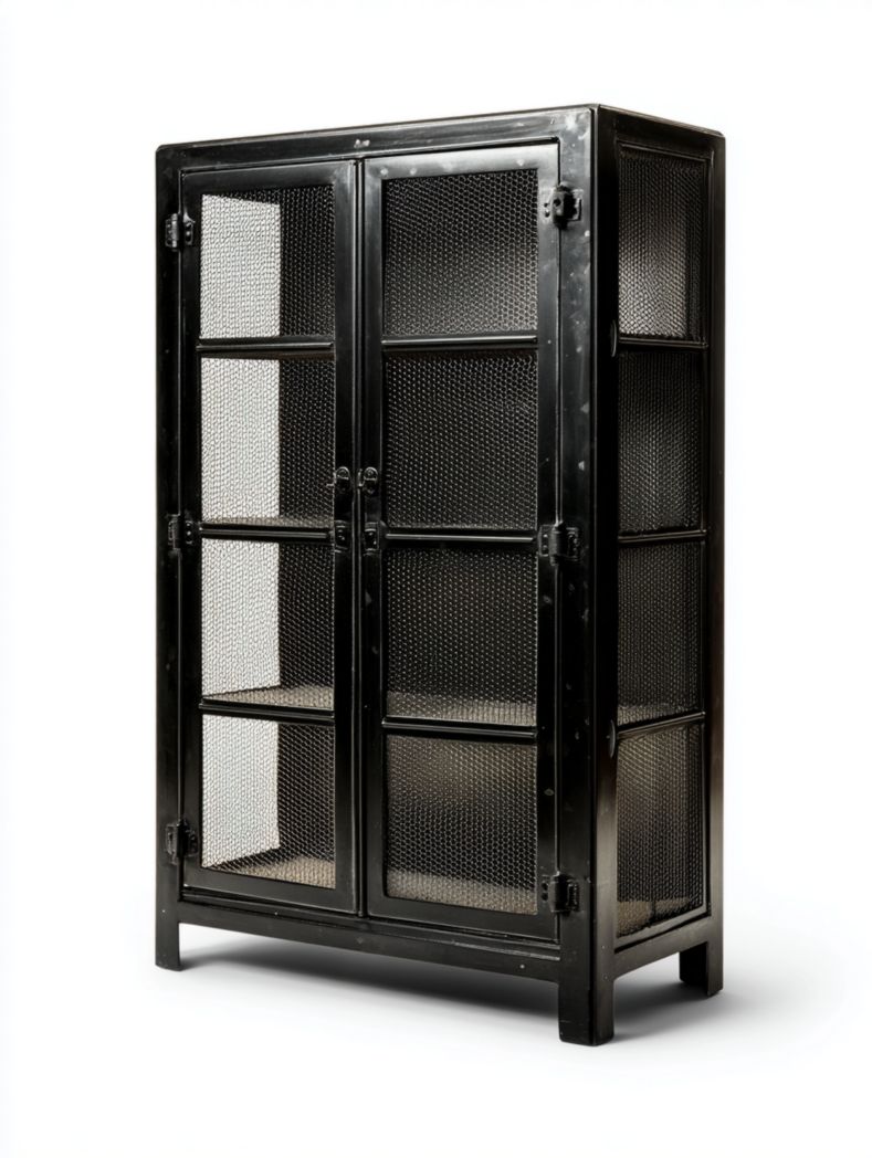 Vitrine noire en métal avec portes grillagées