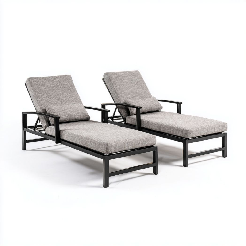 Lot de 2 bains de soleil extérieurs réglables avec coussins gris et structure en aluminium noir