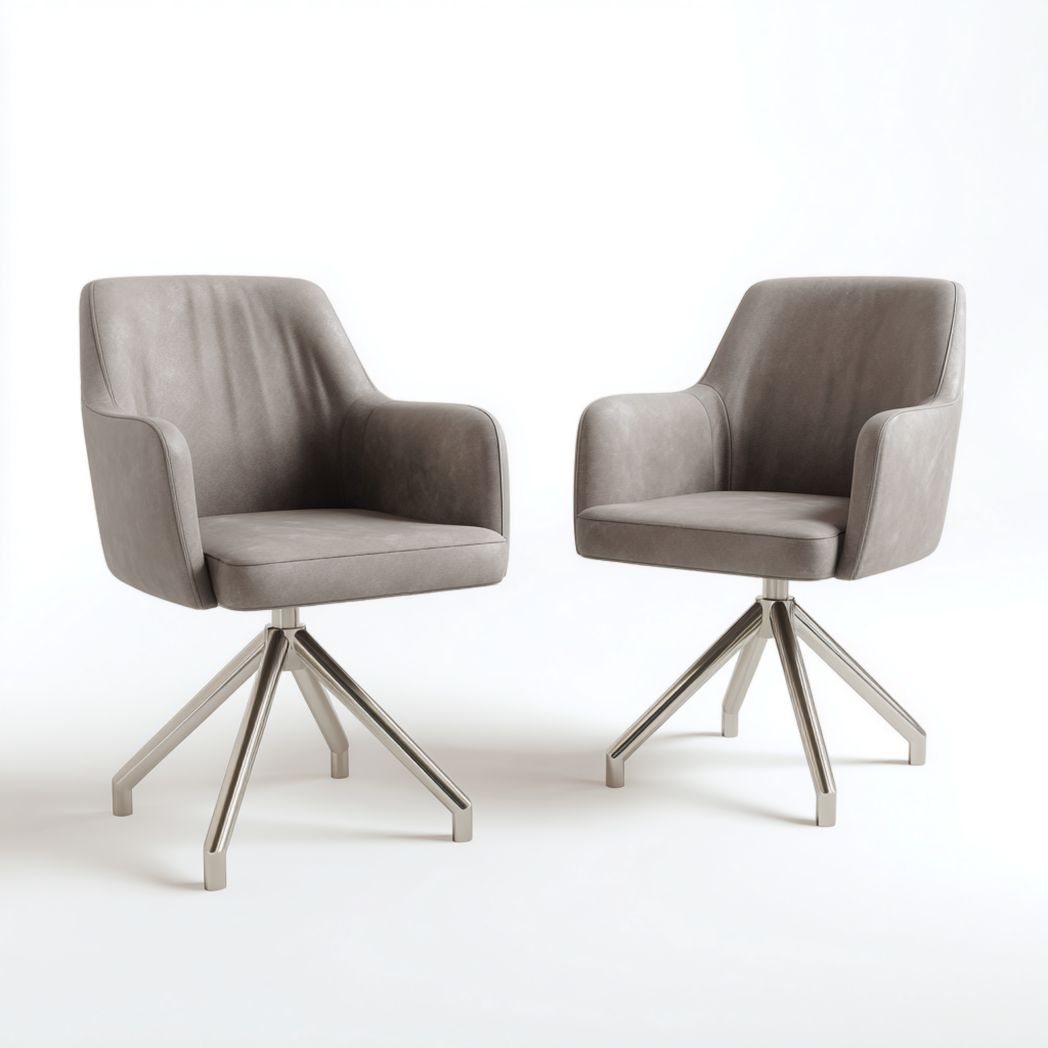 Lot de 2 chaises pivotantes avec accoudoirs en simili cuir couleur brun clair et base métallique argentée