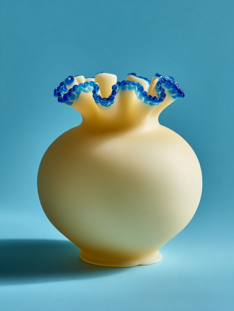Vase en verre jaune crème à bord ondulé bleu