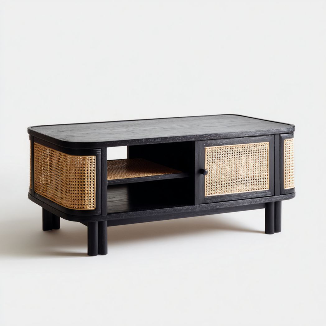 Table basse en bois noir et rotin