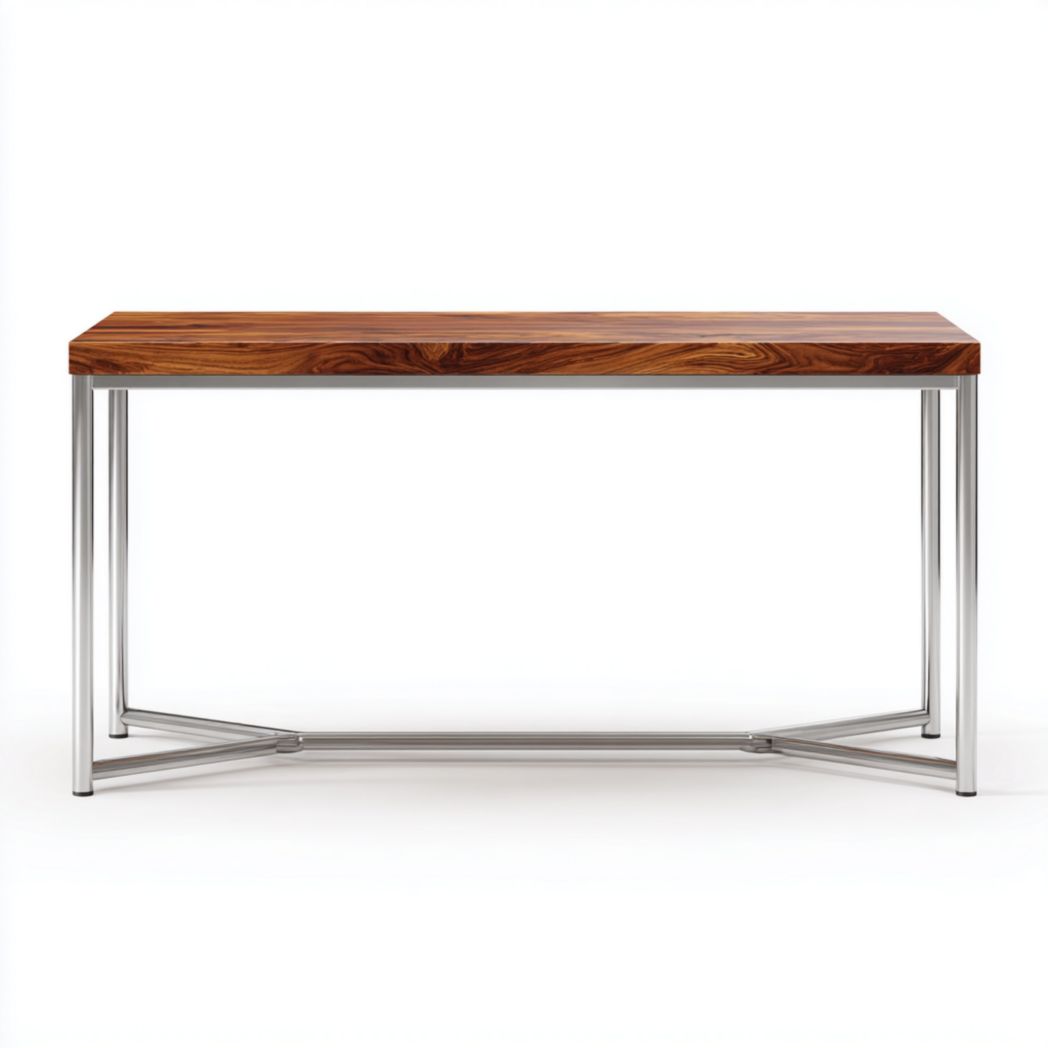 Console avec plateau en bois brun et structure en acier inoxydable argenté