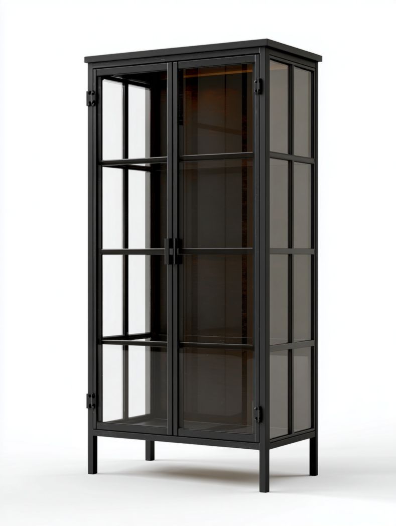Vitrine noire en métal avec portes en verre transparent et étagères en bois foncé