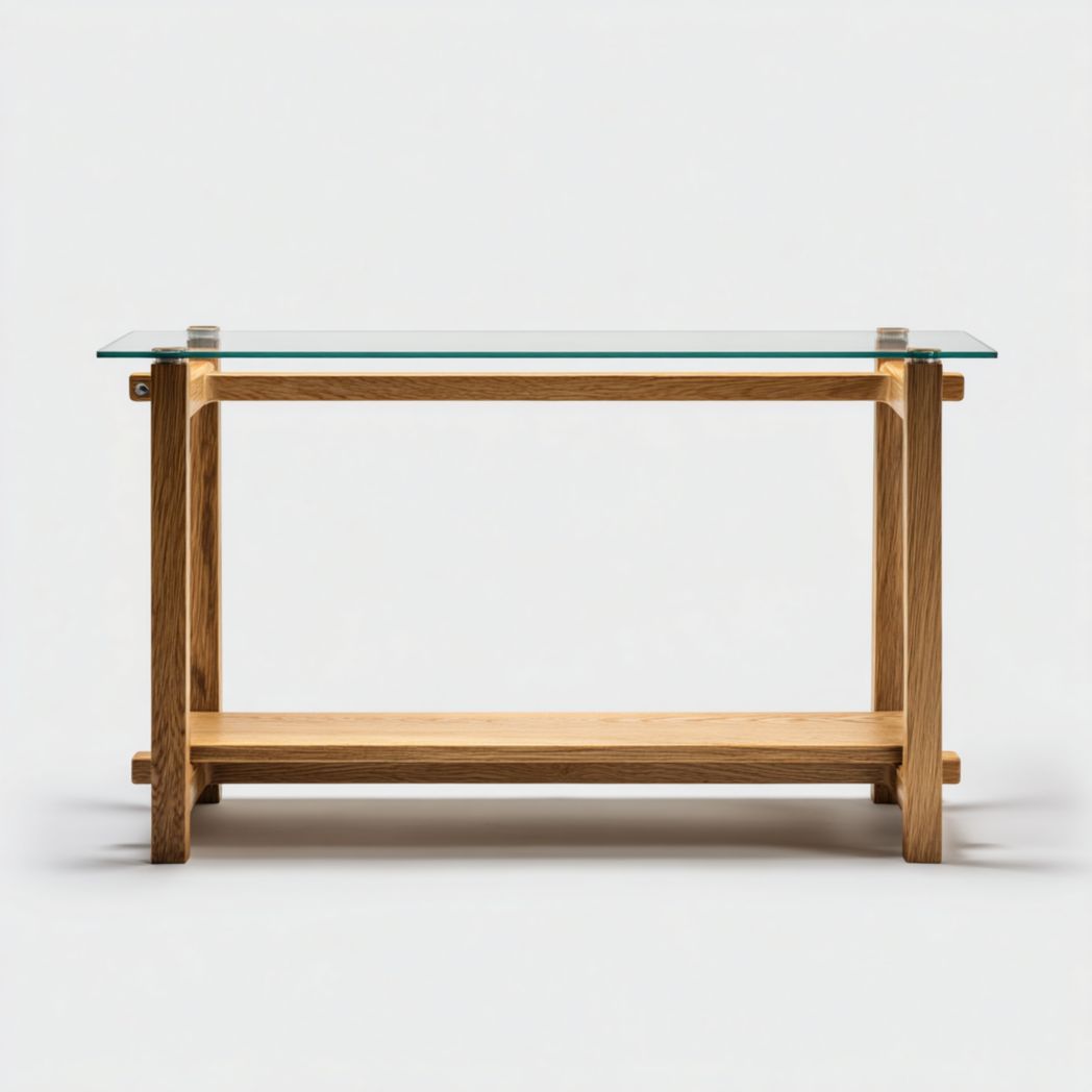 La console est dotée d'un plateau en verre trempé et d'une structure en bois marron clair