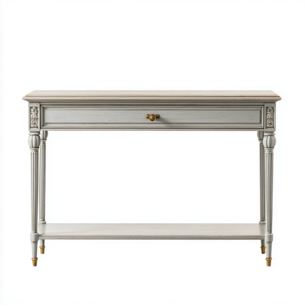 Console couleur gris clair avec motifs sculptés et poignée dorée