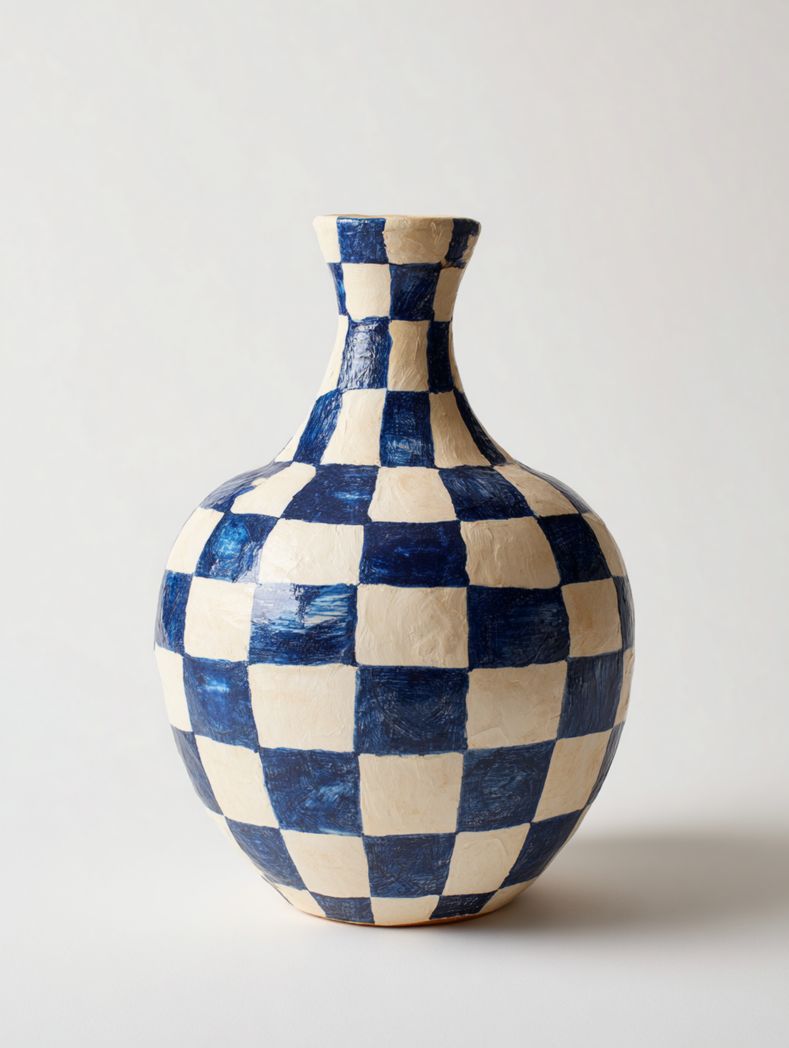 Vase en céramique à motif damier bleu et blanc