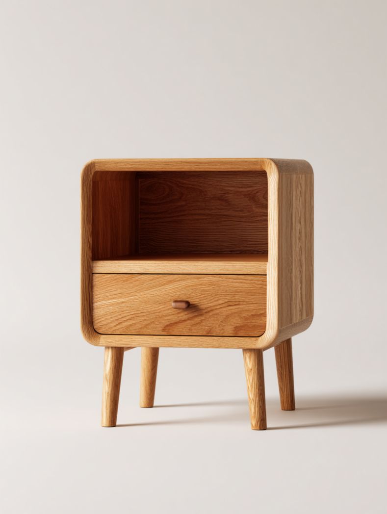 Table de chevet en bois brun à coins arrondis avec tiroir