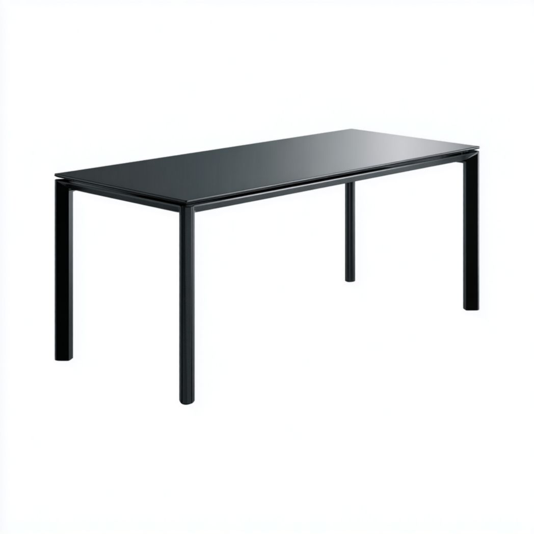 Table de jardin rectangulaire avec plateau en verre noir et structure en métal noir