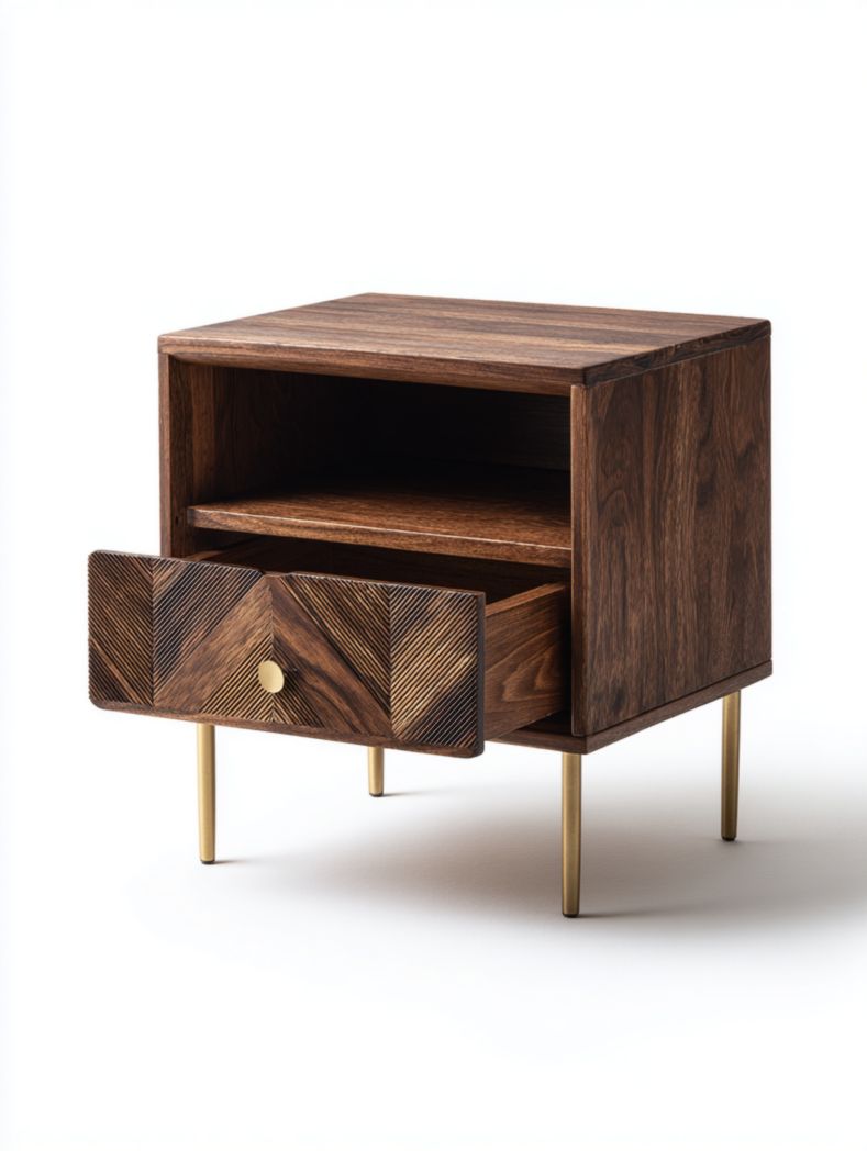 Table de chevet en bois massif avec pieds en métal et tiroir de rangement