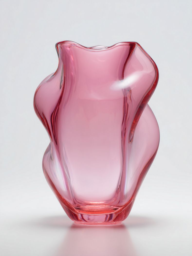 Vase en verre rose au design ondulé