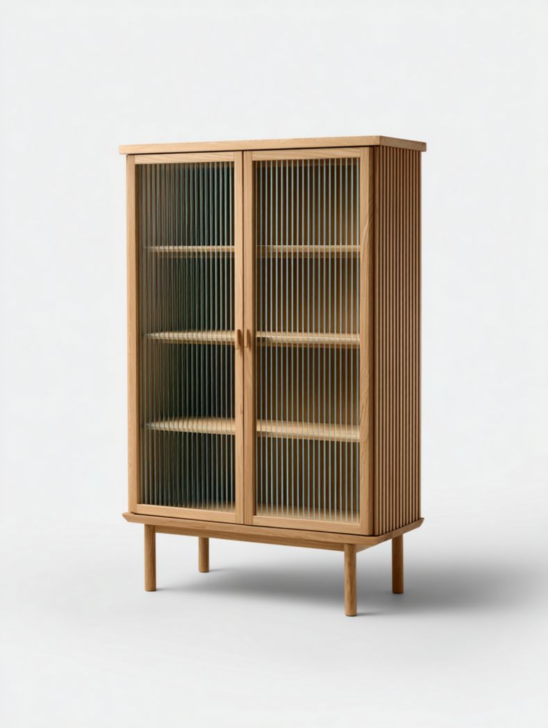 Vitrine en bois brun clair avec portes vitrées et étagères assorties