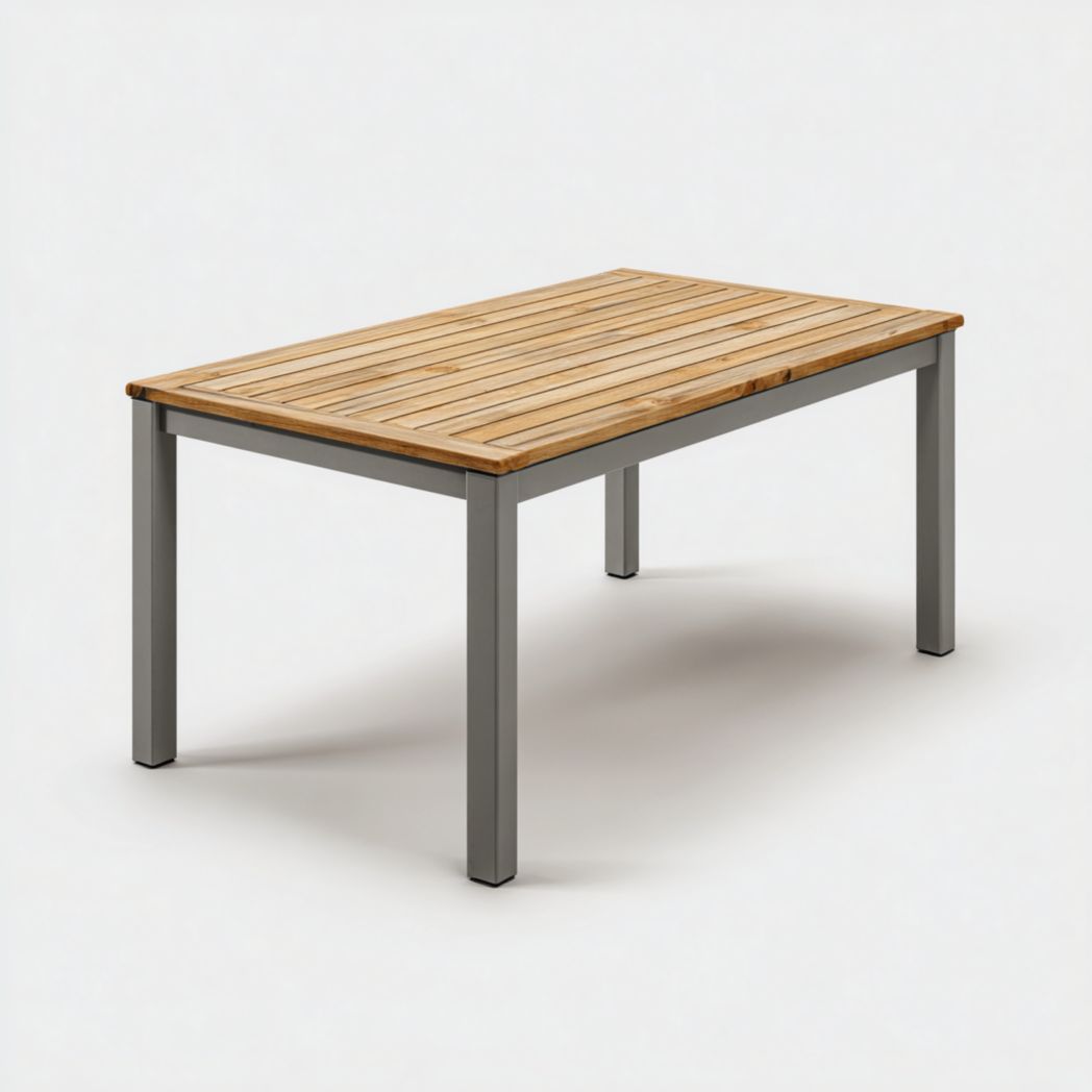 Table de jardin avec plateau en bois brun clair et cadre en métal gris