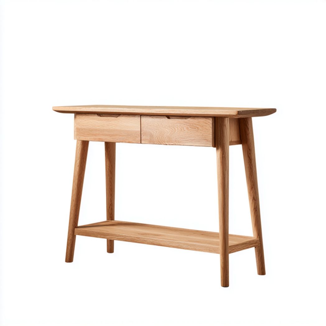 Console marron clair avec tiroirs et étagères basses