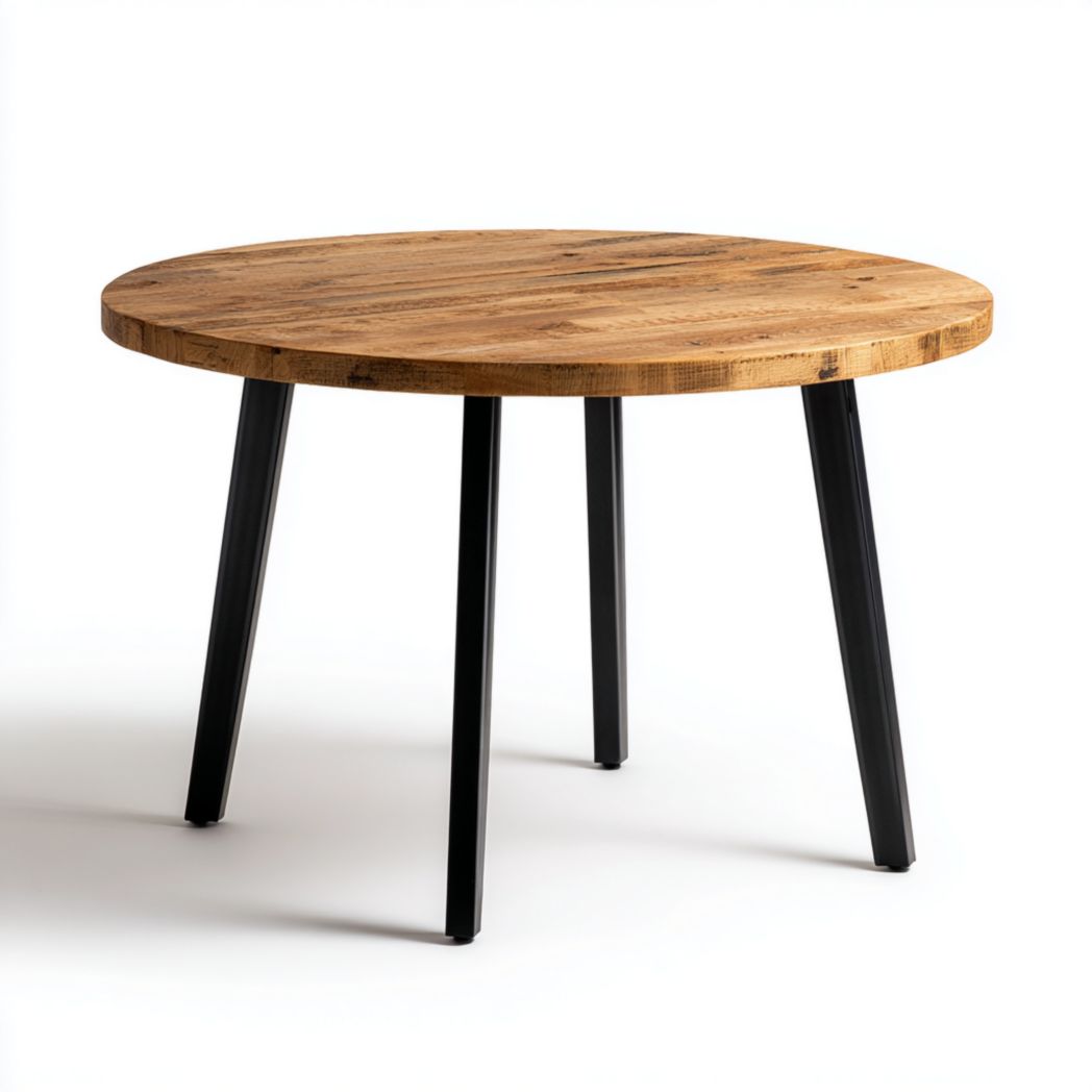 Table à manger ronde en bois marron clair avec pieds en métal noir