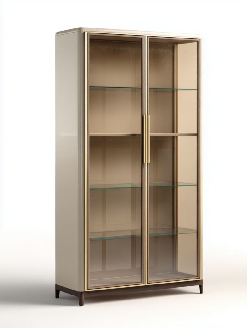 Vitrine beige avec portes vitrées et étagères en verre