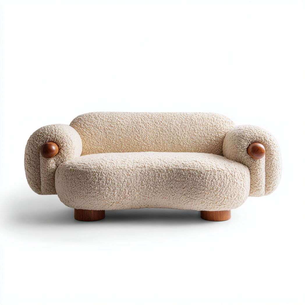 Canapé 2 places en tissu bouclé écru avec pieds marron