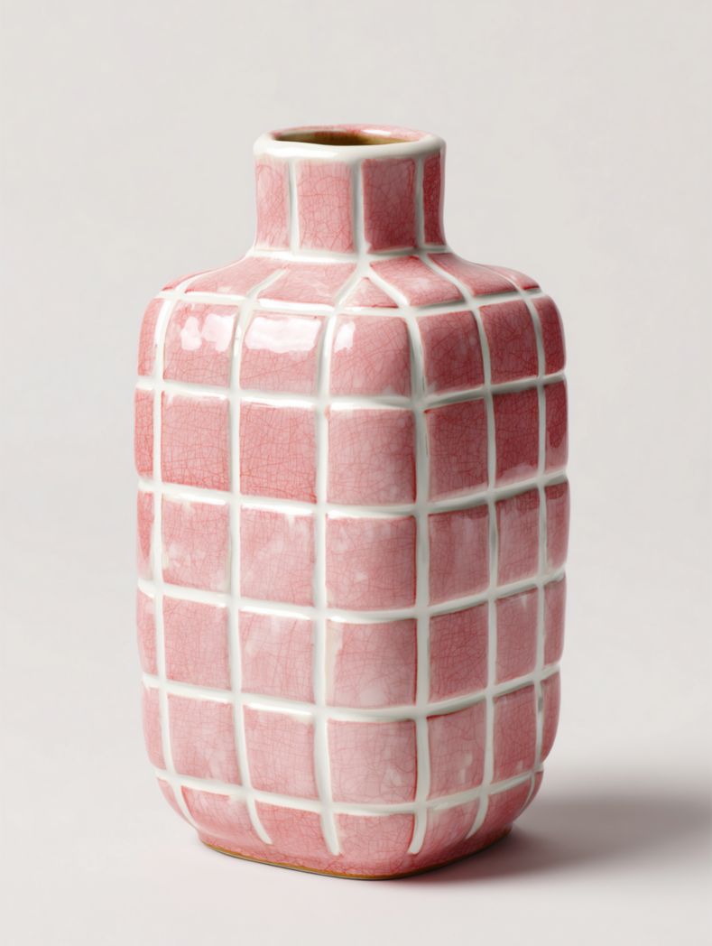 Vase en céramique à carreaux roses et blancs avec finition émaillée