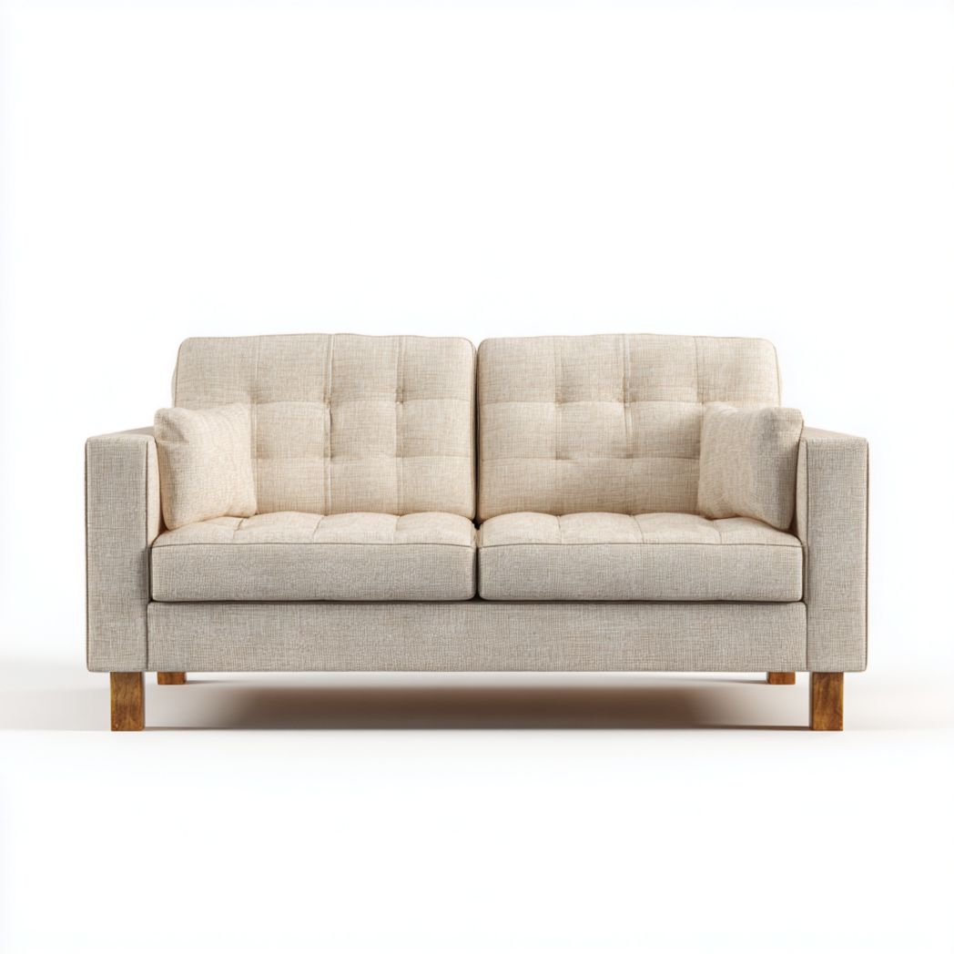 Canapé deux places en tissu beige avec deux coussins et pieds en bois