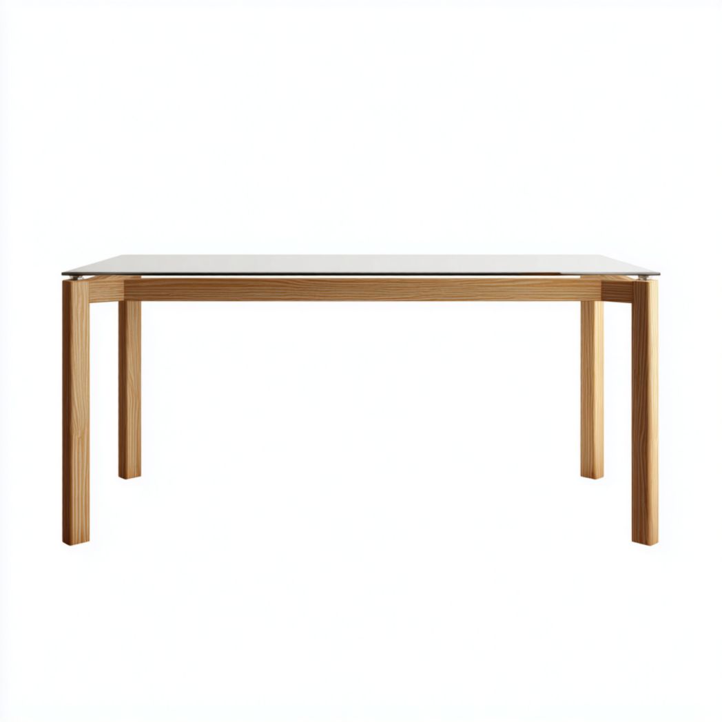 Table à manger avec plateau en verre blanc et pieds en bois marron clair