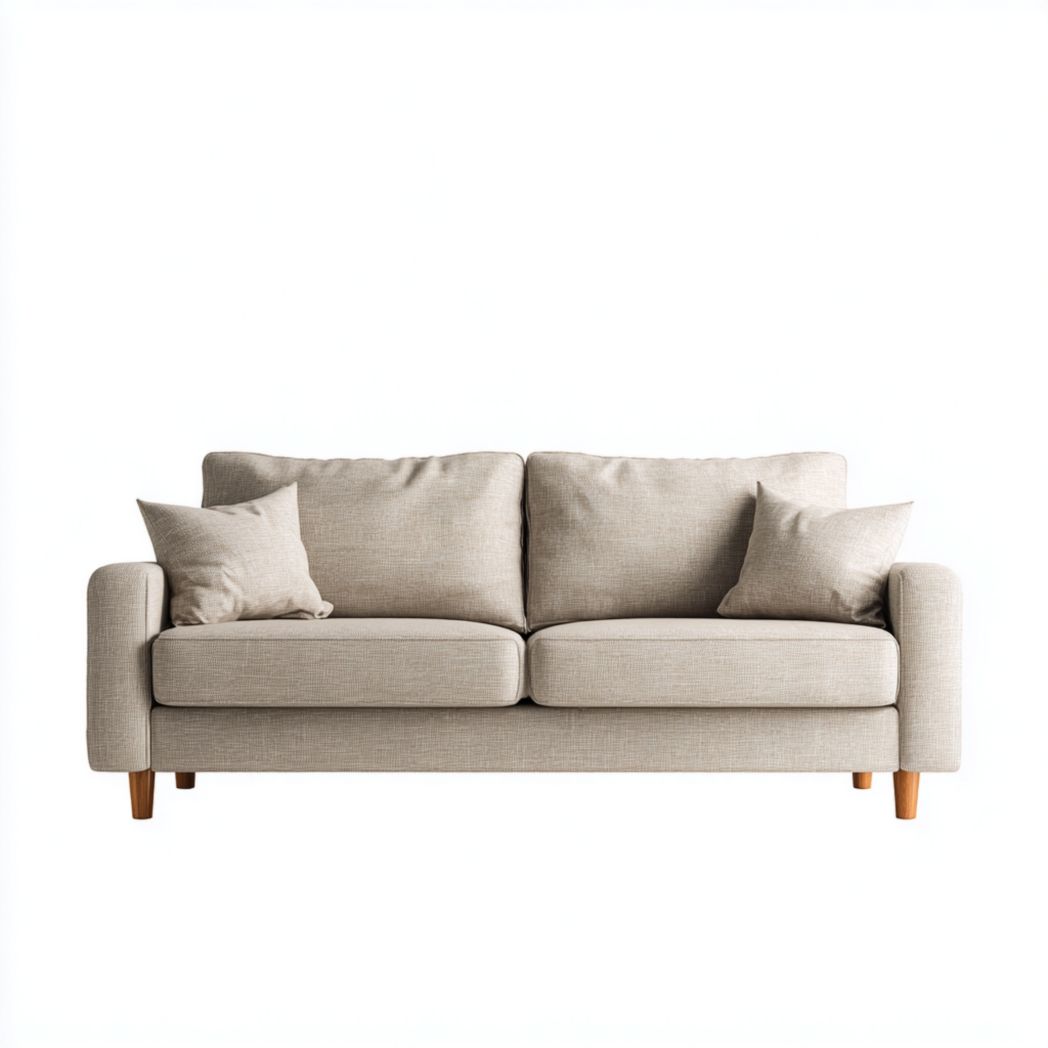 Canapé trois places en tissu beige avec deux coussins et pieds en bois marron clair