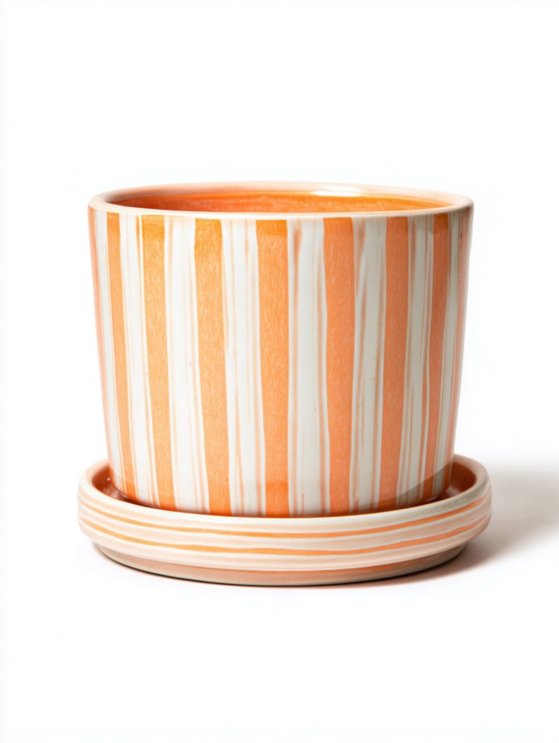 Cache-pot en céramique à rayures orange et blanches avec soucoupe