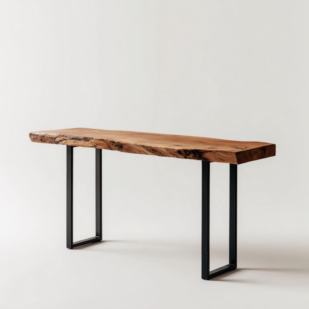Console en bois brun clair avec structure en métal noir